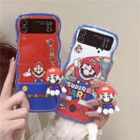 เคสนิ่มหยักสำหรับ Samsung Galaxy Z Flip5 Flip4 Flip3 5G TPU ฝาครอบป้องกันการ์ตูนมาริโอพร้อมโซ่