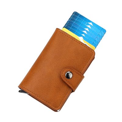 （Layor wallet） วินเทจหนัง PU ผู้ถือบัตรสำหรับผู้ชายผู้หญิงโลหะกระเป๋าสตางค์ RFID สมาร์ทมินิธุรกิจบัตรเครดิตผู้ถือป้ายปก