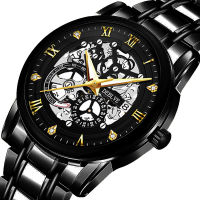 Brand Gold Watch Mens Hollow Quartz Watch Stainless Steel Band 3Bar Waterproof Calendar Fashion Watches Relogio Masculino