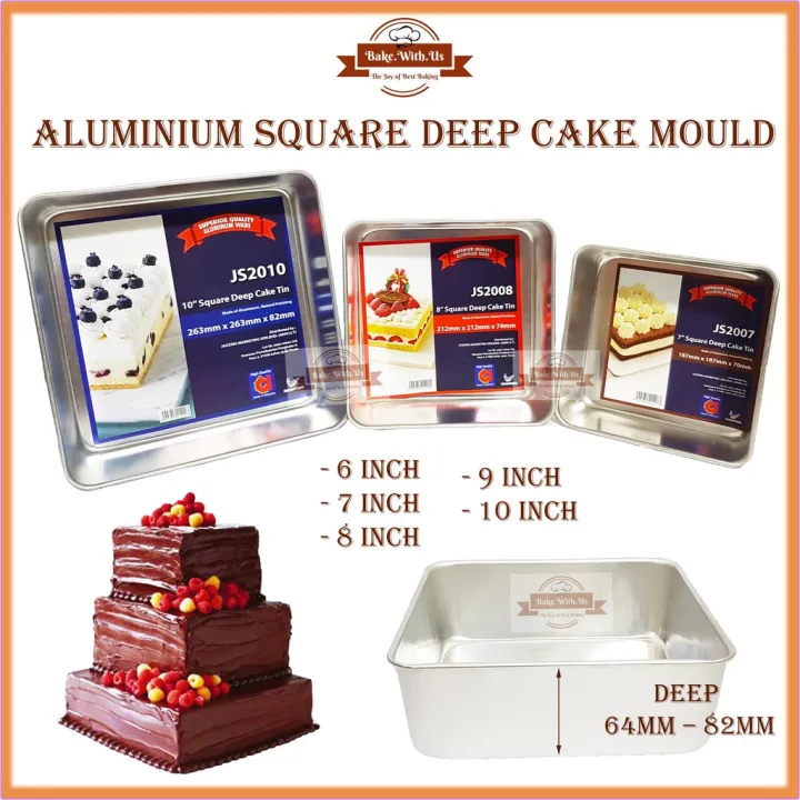 ♜Aluminium Extra Deep Square Cake Mould (Deep 64mm82mm) 678910 Inch