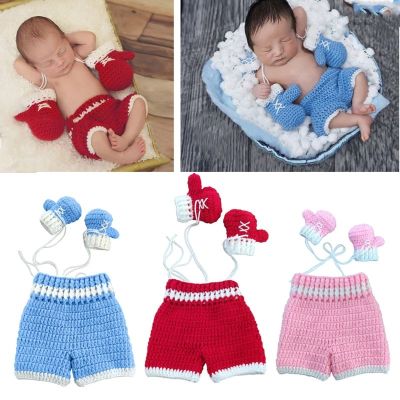 D7YD Newborn Baby Photo Photography Prop Costume Boxing Gloves Shorts Crochet Knit Clothes boxer Boxing gloves and pants Set