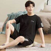 【Hot Sale】embellishembellishเสื้อแขนสั้นสวมหัวกางเกงผ้าฝ้าย6535ฤดูร้อน Man Jammies O-Neck Home Cozy Casual ชุดนอนกลางคืน HDE