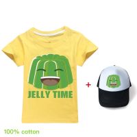 Jelly สีเขียวแขนเสื้อสั้นเด็กผู้ชายเสื้อยืดหญิงเสื้อยืดคอกลมพิมพ์ลายหมวกใหม่ทั้งหมดตรงกับการ์ตูนเสื้อผ้าเด็ก + หมวกหมวก T465เด็กเสื้อผ้าสบายๆฤดูร้อนหลวมกีฬา Tops