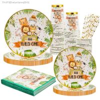 ❦ Wild One Jungle Safari Birthday Party Decorations for Kids Boy 1 Year Disposable Tableware Dishes Paper Plates Cups Tablecloth