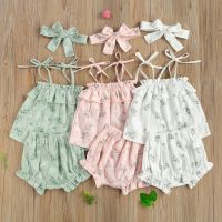 Summer New Casual Baby Girls Three Piece Set Clothing Infants Ruffled Hem Lace Up Floral Tops Elastic Waist Shorts Hair Band  by Hs2023