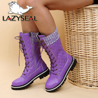LazySeal Winter Warm Snow Boot Women Shoes Platform Purple Furry Lace Up Shoes Plush Mid-calf Boots Big Size 43