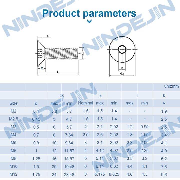 nindejin-หกเหลี่ยมซ็อกเก็ตสกรูหัวแบนเหล็กคาร์บอน-m10-m12อัลเลนน็อตเครื่องสกรู