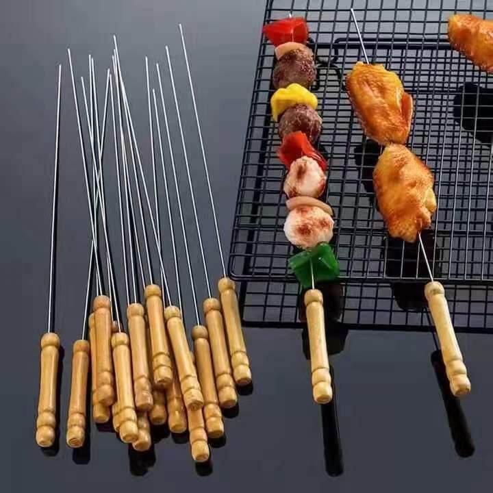 Stainless Steel Wooden Handle BBQ Stick Barbecue Skewer Meat Vegetable