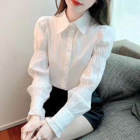 แฟชั่นสำหรับผู้หญิงสีขาวเสื้อเชิ้ตแขนพองเสื้อสไตล์เกาหลีสำนักงานหลวมง่ายเสื้อแขนยาว