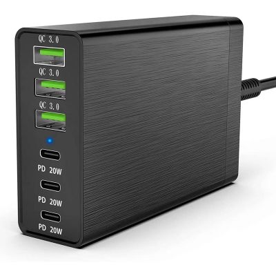 96W 6-Port Desktop Charging Station PD 20W Fast Charger with 3 USB-C Ports and QC3.0 Ports