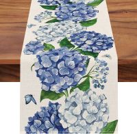 【LZ】◆♙  Hydrangea Floral Flowers Linen Table Runner Holiday Party Decoration Blue Butterfly Kitchen Dining Table Runner for Wedding