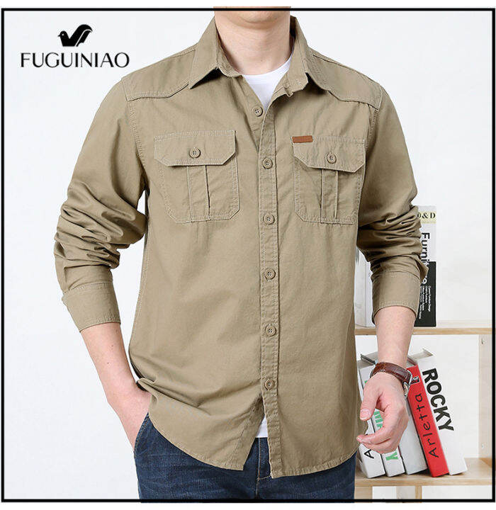 fuguiniao-เสื้อเชิ้ตแฟชั่นลำลองสำหรับผู้ชาย-เสื้อเชิ้ตแขนยาวทรงสลิมฟิต