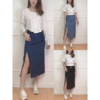 (JAMAE ND) SML Womens Denim Skirt Womens Stretch Denim Midi Skirt กระโปรงยาวปานกลางผ้ายีนส์ยืดสำหรับผู้หญิง -J95295