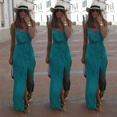 ‘；’  Women‘’S Summer Holiday Boho Dress Ladies Party Beach Long Maxi Button Drawstring Waist  Split Dresses