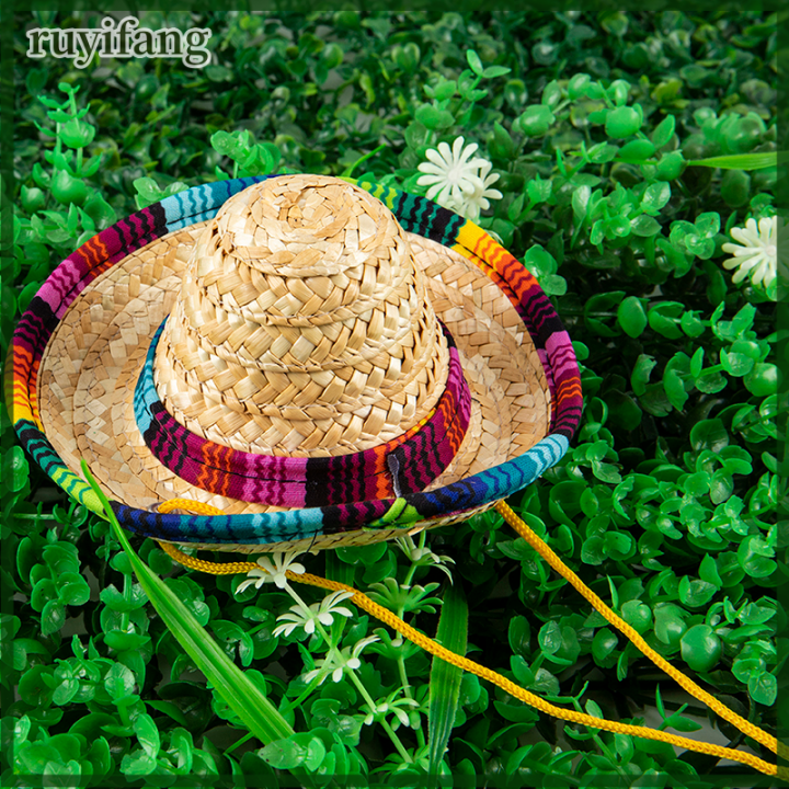 ruyifang-สัตว์เลี้ยงทอฟางหมวกสำหรับแมว-sun-hat-somburro-สำหรับสัตว์เลี้ยงชายหาดปาร์ตี้ฟางเครื่องแต่งกาย