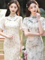 ฤดูร้อนเด็กสาวจีนลูกไม้ตัดแขนสั้น Qipao คอจีนพิมพ์ชีฟอง Cheongsam ค่ำพรรคชุด