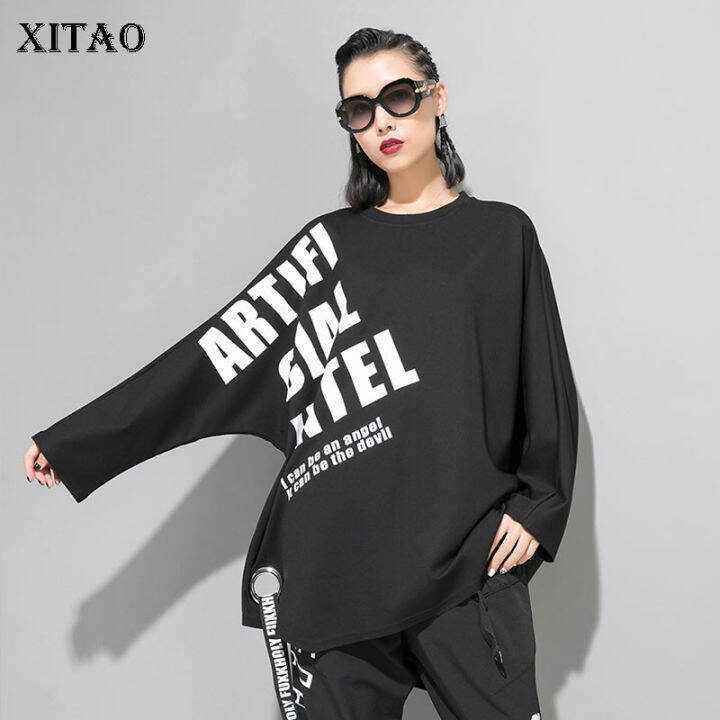 xitao-t-shirt-print-letter-black-women-pullover-full-sleeve-t-shirt