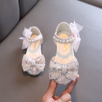 AINYFU Summer Girls Sequin Bow Fashion Sandals Childrens Glitter Pearl Flat Princess Shoes Cute Kids Breathable Beach Sandals