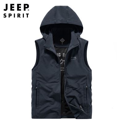 Jeep SPIRIT เสื้อกั๊กลําลอง มีฮู้ด ป้องกันริ้วรอย ระบายอากาศ ถอดออกได้ แฟชั่นสําหรับผู้ชาย lwk