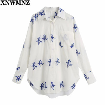 XNWMNZ Women Vintage Pocket Patch Floral Embroidery Casual Smock Blouse Womens Office Lady Breasted Shirts Chic Blusas Tops