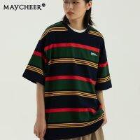 MAYCHEER  เสื้อยืดลายทางใหม่ของผู้ชายดีไซน์สดใสและระบายอากาศได้ดีแขนสั้นแบบคู่