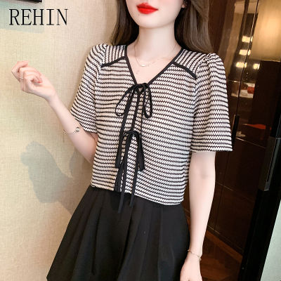 REHIN เสื้อแฟชั่นสไตล์เกาหลีแบบใหม่คอวีสำหรับผู้หญิง,เสื้อถักลูกไม้ขึ้นเสื้อแขนสั้น