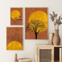 Boho Terracotta Art พิมพ์ Sun Birds Flock Tree บทคัดย่อ Sunset ภาพวาดผ้าใบสำหรับห้องนั่งเล่นธรรมชาติและห้องนอน Wall Decor Liyanhong2