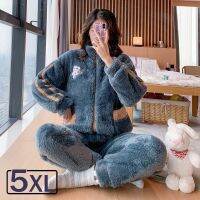 5XL 2022 NEW Winter Womens Warm Home Clothes Sleepwear Ladies Flannel Thick Coral Fleece Cute Cartoon Pajamas Large Size