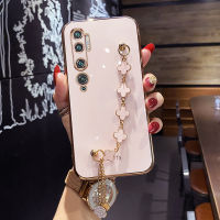 Maitus เคสสำหรับ Xiaomi Mi Note 10 / Xiaomi Mi Note 10 Pro พร้อมสร้อยข้อมือโคลเวอร์สี่ใบกรอบสี่เหลี่ยมเคลือบ6D เงากรอบด้านหลังป้องกันซิลิโคนเคสมือถือ