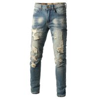 CODshengxi8 Fashion Mans Ripped Jeans Vintage Broken Destroyed Worn Slim Blue Denim Jeans Trousers Pants