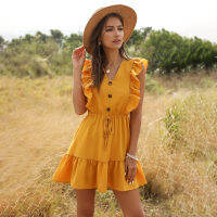 (HOT) ผู้หญิงฤดูร้อนชุดลำลอง Boho Beach Ruffles 2020มินิเดรสเซ็กซี่ V คอสูงเอวหญิง Dresses