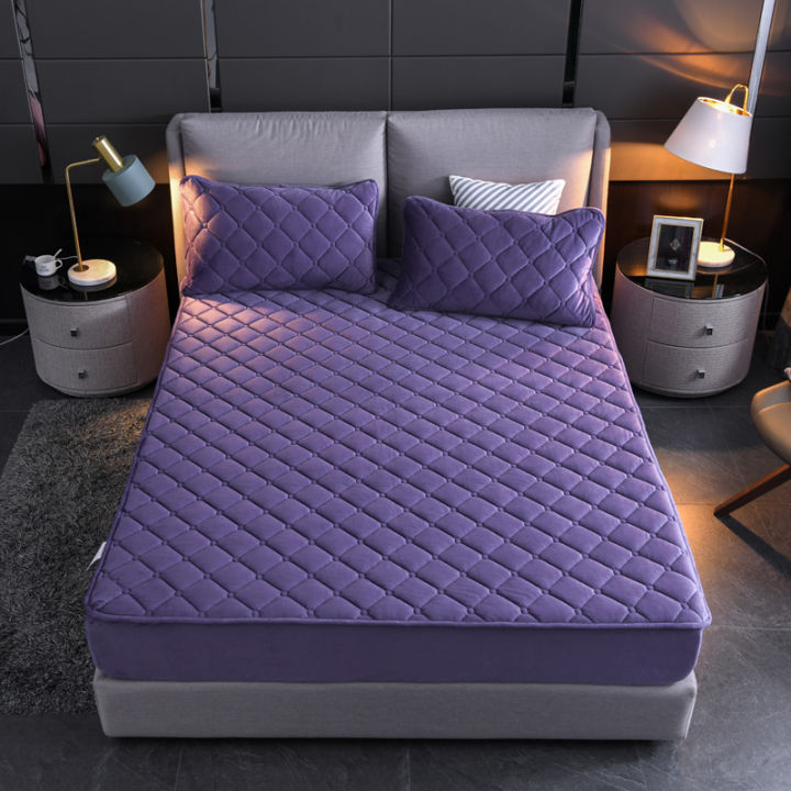bonenjoy-1-pc-warm-bed-cover-king-size-purple-color-flannel-quilted-mattress-protection-pad-thicken-filled-fitted-bed-pad-queen