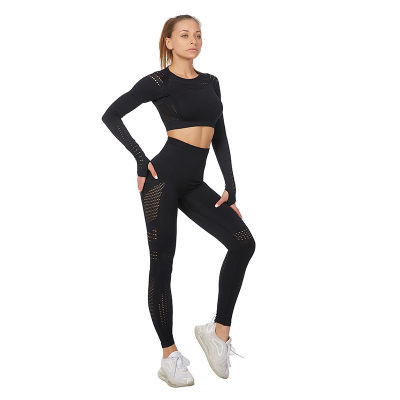 Vital Women Sport Suit Yoga Set Gym Workout Clothes Long Sleeve Fitness Crop Top + High Waist Energy Seamless Leggings