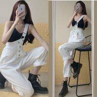 COD DSFERTGERRYYY One-shoulder overalls female student jeans autumn and summer 2020 new black white pants loose thin high-waist wide-leg