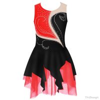 Kids Girls Ballet Lyrical Dance Dress Sleeveless Round Neckline Rhinestone Decorated Patchwork Figure Skating Dance Dress