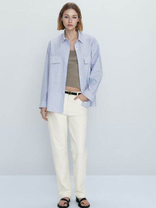 massimo-dutti-คอลเลกชัน2023แฟชั่นฤดูใบไม้ผลิ-ฤดูร้อนของผู้หญิงเสื้อเชิ้ตมีลายหลวมสีน้ำเงินแขนยาวมีกระเป๋าการอาบแดดที่ได้รับการป้องกันและผ้าฝ้ายสวมใส่สบาย