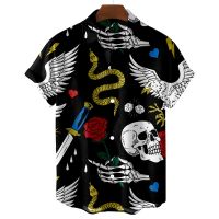 Vintage Mens Shirts  Metal Punk Short Sleeve Male Clothes Skull Print Fashion Shirt For Men Blouse Loose Oversized T-shirts