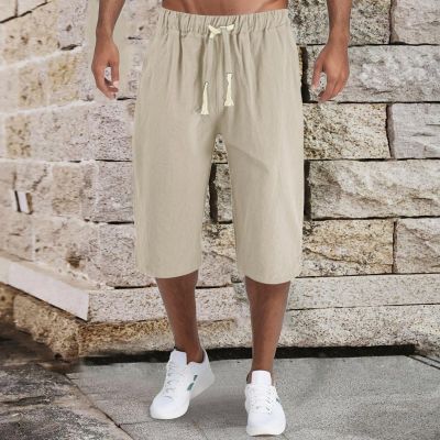Cotton Capris&nbsp;Trousers Solid Color Slacks Elastic Waist Bottomwear Drawstring Mens Pants Breathable Outfits Pantalones Hombre