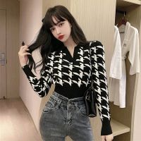 ◊ Women Long Sleeved High-waist Cropped Top Fashion Korean Style Retro Polo Collar Knitted Sweater