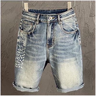 FLOYINM Summer Mens Printed Denim Shorts Regular Fit Cotton Stretch Cropped Jeans Mens Clothing (Color : D, Size : Asia 33)