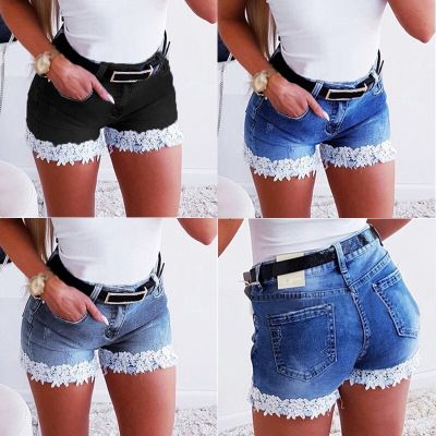 Women Slim Stretch Lace Stitching Denim Shorts Jeans Shorts Fashion Casual Ladies Short Black Blue Indie Denim Trousers Summer