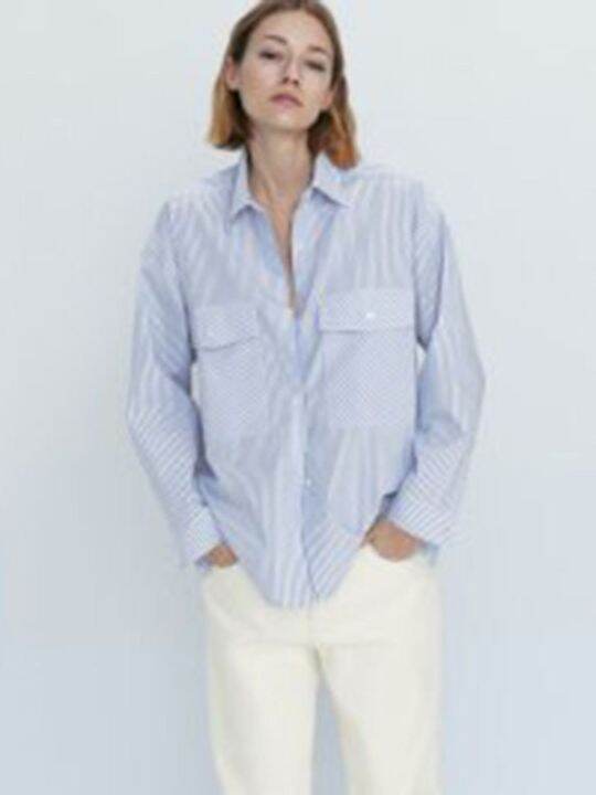 massimo-dutti-คอลเลกชัน2023แฟชั่นฤดูใบไม้ผลิ-ฤดูร้อนของผู้หญิงเสื้อเชิ้ตมีลายหลวมสีน้ำเงินแขนยาวมีกระเป๋าการอาบแดดที่ได้รับการป้องกันและผ้าฝ้ายสวมใส่สบาย