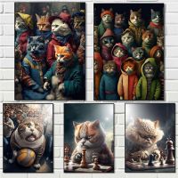 2023♦ Abstract Anime Funny Cat Gang Posters and Prints Playing Chess Canvas Painting Wall Art Pictures For Living Room Home Decor Gift