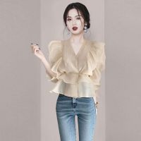 COD French age-reducing chic shirt design sense niche summer advanced sense womens long sleeve chiffon topPCS