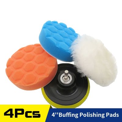 4 Pcs 4 Inch Polishing Pad Buffing Wool Sponge Pads 100mm for Washing Waxing with M10 Adapter for Electric Drill Auto Polisher