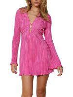 Women s Retro Pleated Shirt Dress with Long Sleeves and Cutout Back - A-Line Tunic Tops for 70s Disco Party Club or Formal