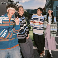 MAYCHEER เสื้อสเวตเตอร์ผู้ชายเสื้อสเวตเตอร์แนวสตรีทเย็บสีตัดกันแจ็คเก็ตคาร์ดิแกนลำลองทรงหลวม