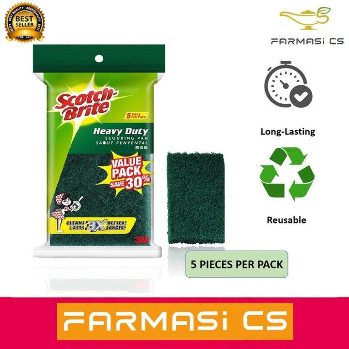 3M Scotch Brite Heavy Duty Scouring Pads 5 Pieces Per Pack [ reusable