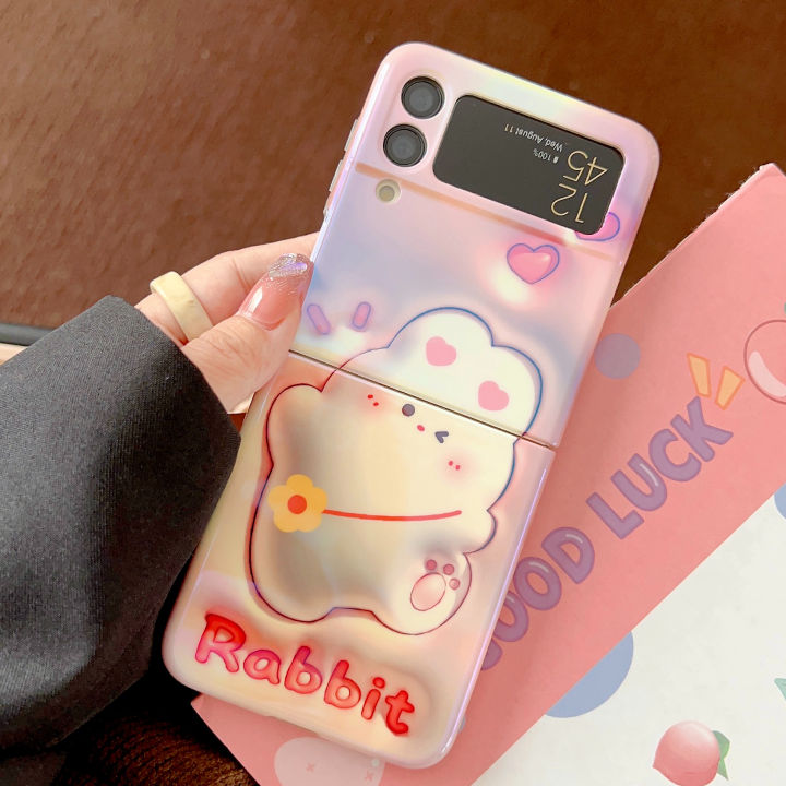 เคสโทรศัพท์3d-ลายกระต่ายน่ารักดอกไม้แฟชั่นสำหรับ-samsung-z-ฝาพับ3พับ4-5ก-บลูเรย์แบบแข็งพร้อมเคสหุ้มกันกระแทกจับแหวนใส่นิ้ว