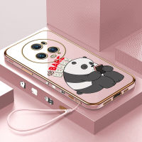 เคสสำหรับ Honor พร้อม Magic5เคสโปร (ฟรีสายคล้อง) เคสโทรศัพท์นิ่มลายการ์ตูนหมีแพนด้าขอบสี่เหลี่ยมชุบหรูหรา